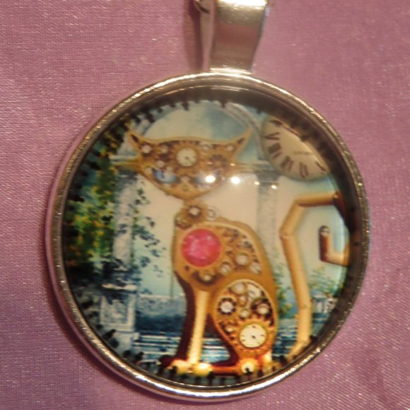 Steampunk Style Cabochon CAT Pendant Necklace with Chain (F36) - Picture 3 of 5